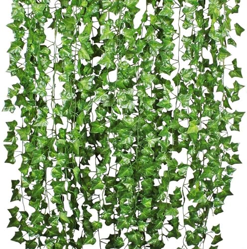 DearHouse 84 Feet 12 Strands Artificial Ivy Leaf Plants Vine Hanging Garland Fake Foliage Flowers Home Kitchen Garden Office Wedding Wall Decor, Green - Green