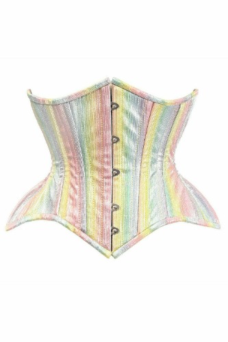 Top Drawer Rainbow Glitter Double Steel Boned Curvy Cut Waist Cincher Corset - Large / As Shown