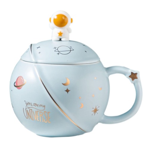 Hwagui - Cute Astronaut Mug with Lid and Spoon, Kawaii Cup Novelty Mug for Coffee, Tea and Milk, Mug Gift Green 450ml/15oz - astronaut mug light green