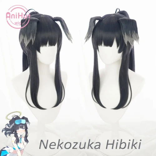 【AniHut】Nekozuka Hibiki Black 48cm Cosplay Wig without ears Blue Archive Heat Resistant Synthetic Hair Nekozuka Hibiki Cosplay - AliExpress 