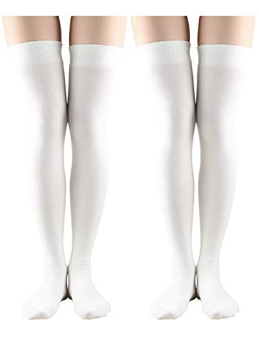Azue Women Non Slip Thigh High Socks Fashion Tube Stockings above Knee Cosplay Socks - One Size - 2 Pack White