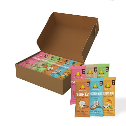 Amrita Variety Sampler Pack Vegan, Gluten Free High Protein Bars (6 Flavors) | 15g Plant Based Protein, High Fiber, Peanut & Dairy Free | Breakfast Bar, Meal Replacement, Healthy Snack | 2.12 oz Bars, Pack of 6 - Variety Pack - 7 Count (Pack of 1)