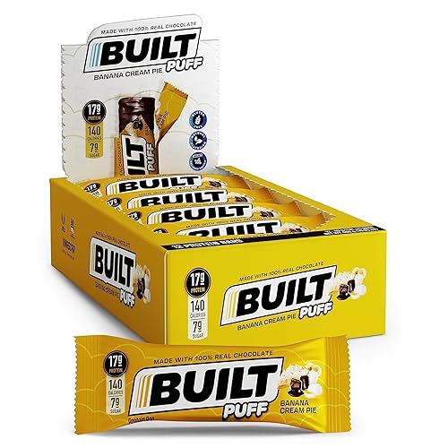 BUILT Protein Bars, Banana Cream Pie Puff, 12 bars, Protein Snacks with 17g of Protein, Collagen, Gluten Free Chocolate Protein Bar with only 140 calories & 6g sugar, Perfect On The Go Protein Snack - Banana Cream Pie - 12 Count (Pack of 1)