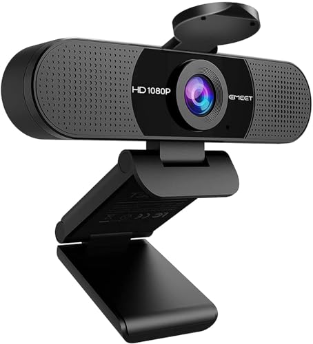 EMEET Full HD Webcam - C960 1080P Webcam mit Objektivabdeckung & Dual Mikrofon, 90 ° Streaming Kamera mit Automatische Lichtkorrektur, Plug & Play, für Linux, Win10, Mac OS - Schwarz