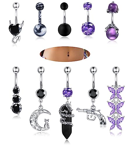 ADRAMATA 10 Pcs 14G Dangly Belly Button Bars Surgical Steel Belly Button Piercing Set Heart Butterfly Dangle Belly Ring Pink Purple Blue Belly Bars Belly Piercing Body Piercing Jewellery Summer Beach - Black