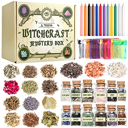 Witchcraft Starter Kit, Witchcraft Supplies for Wiccan Altar- 63 Pack of Crystals Dried Herbs, Colored Magic Candles, Charm Bags and Ritual Witches Salt for Spells, Baby Witches…