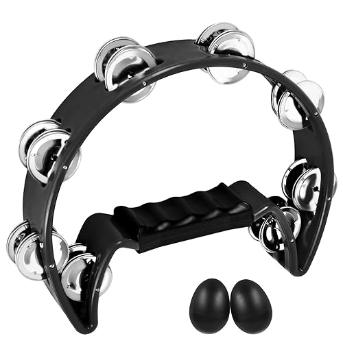 EastRock Tambourine,Metal Jingles Hand Held Percussion Half-Moon Tambourine and Egg Shakers for Kids, Adults, KTV, Party BLACK - Halfmoon-1-BLACK