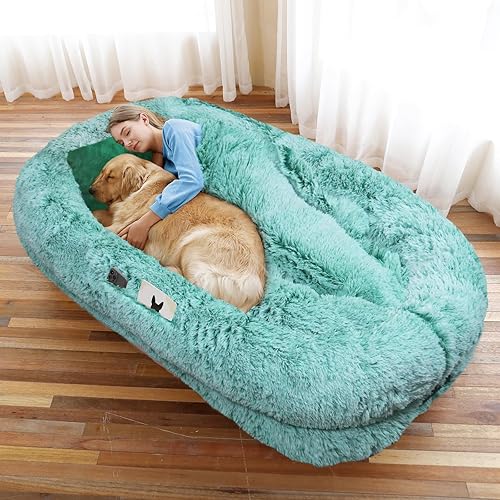 Human Dog Bed, 71''x45''x12'' Size Fits You and Pets, Washable Faux Fur Dog Bed for People Doze Off, Napping Orthopedic Dog Bed, Present Plump Pillow, Blanket, Strap - GreenWhite - 71.0"L x 45.0"W x 12.0"Th - GreenWhite