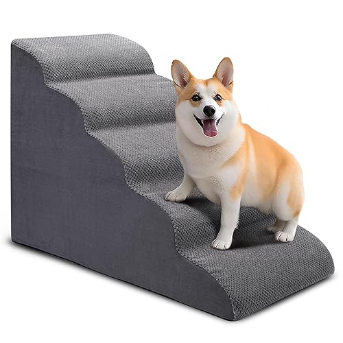 CiWiVOKi Dog Stairs for Bed, 5 Tier Dog Steps for Couch and High Bed, Non-Slip Pet Stairs, 24" High Sofa Foam Ramp - Best for Small Pets, Older Cats with Joint Pain - 5 Step Grey