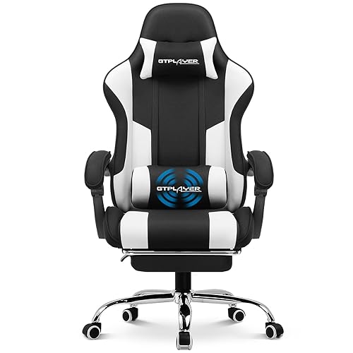 GTPLAYER Gaming Chair, Computer Chair with Footrest and Lumbar Support, Height Adjustable Game Chair with 360°-Swivel Seat and Headrest and for Office or Gaming (Fabric, Black & Light Gray) - Black White - Fabric