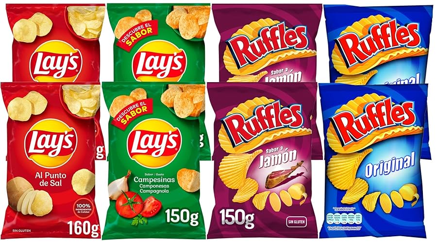 Pack Lay's Al Punto de Sal Sal 2x160gr, Ruffles Sal 2x160gr, Lay's Campesinas 2x150gr, Ruffles Jamón 2x150gr - Salado + Salado + Campesinas + Jamón - Juego de 8 piezas