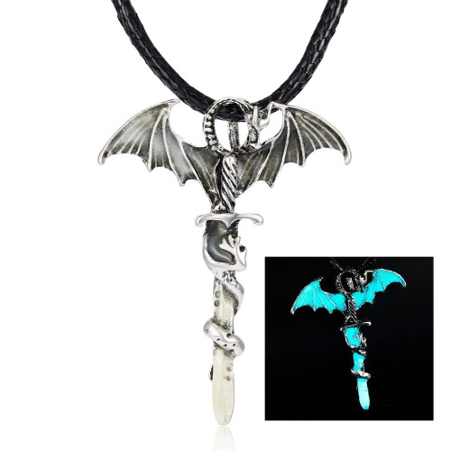 Dragon Glow In Dark Pendant Rope Necklace - Blue-Green