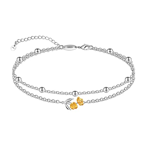 LINGBG JEWELRY Layered Anklet 925 Sterling Silver Plant Ankle Bracelet Beach Anklet Flower Anklet Adjustable Beach Ankle Mother's Day Jewelry Gifts for Women - 5# Poppy Flower Anklet