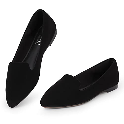 MUSSHOE Flat Shoes Women Comfortable Slip on Women's Flats - 8 - Black Suede