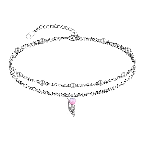 CHIC & ARTSY 925 Sterling Silver Ankle Bracelet for Women Cute Roses/Lotus/Tulips Charm Ankle Bracelet Beach Foot Chain Anklet Jewelry - 3# Tulip Anklet