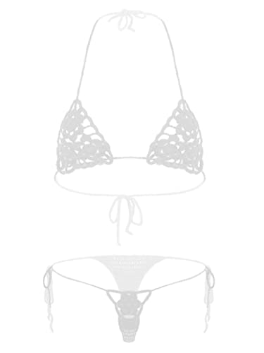 Loloda Womens Handmade Micro Bikini Set Crochet G Thong String Sexy Lingerie Sets Bathing Swimsuit - Medium - White