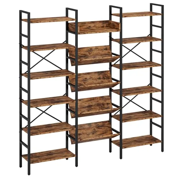 IRONCK Industrial Bookshelves 6 Tiers Triple Wide Bookshelf, Large Etagere Bookshelf Open Record Player Shelves with Metal Frame for Living Room Home Office