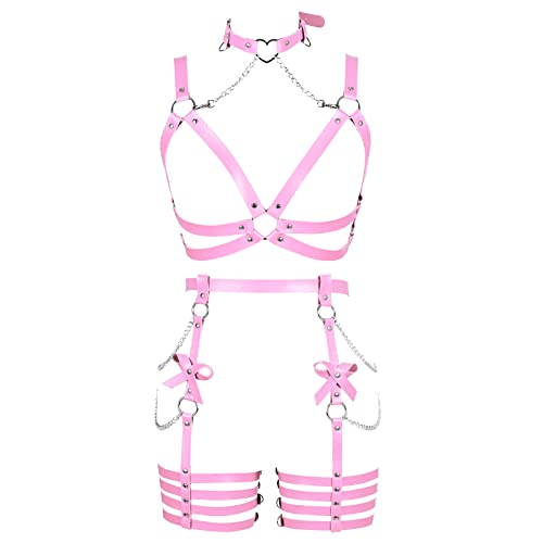 Womens Harness Leather Body Chain Bowknot Lingerie Garter Belts Set Hollow Out Christmas Dance Fashion Clothing - Pink