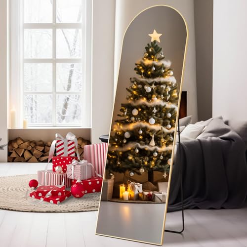 Sweetcrispy Arched Full Length Mirror 64"x21" Full Body Floor Mirror Standing Hanging or Leaning Wall, Large Arch Wall Mirror with Stand Aluminum Alloy Thin Frame for Bedroom Cloakroom, Gold