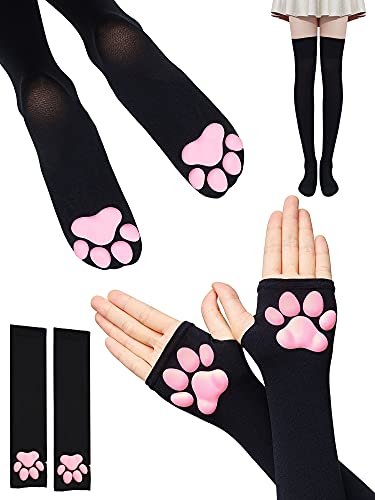 2 Pairs Cat Paw Thigh High Socks Cat Paw Gloves Cat Paw Socks and Gloves 3D Kitten Claw Stockings Pink Cat Paw Long Fingerless Gloves for Women()