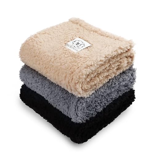 1 Pack 3 Calming Blankets Fluffy Premium Fleece Pet Blanket Soft Sherpa Throw for Dog Puppy Cat Beige/Black/Grey Medium (30" x20'') - Medium (Pack of 3) - Beige/Black/Grey