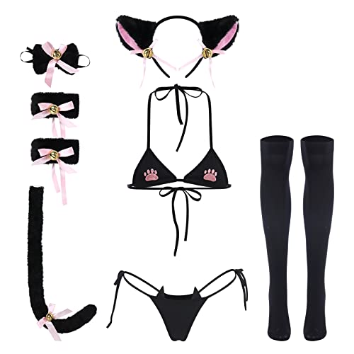 ABAFIP Women's Cute Anime Kawaii Cat Kitten Cosplay Strappy Lingerie Halter Micro Bra Panty Headband Garter Stockings Set - One Size - Black-02