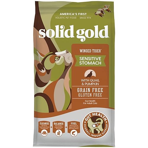 Solid Gold Sensitive Stomach Dry Cat Food - Made with Real Quail & Pumpkin - Winged Tiger Grain Free Cat Food Sensitive Stomach for Adult & Senior Cats - Supports Immune & Digestive Health - 6lb - Quail & Pumpkin - 6 Pound
