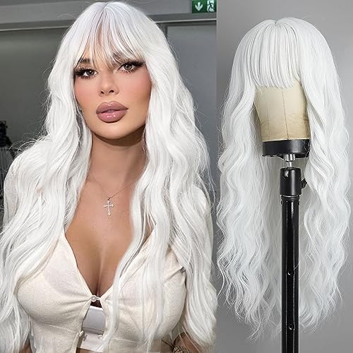 Lativ White Wig With Bangs Long Wavy Wig For Women White Color Wigs Synthetic Curly wig Natural Looking Heat Resistant Hair For Daily Party Cosplay Use - White
