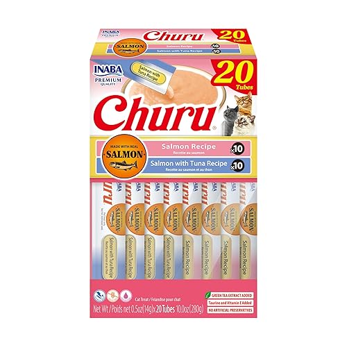 INABA Churu Cat Treats, Lickable, Squeezable Creamy Purée Cat Treat with Green Tea Extract & Taurine, 0.5 Ounces Each Tube, 20 Tubes, Salmon & Tuna Variety Box - Salmon & Tuna Variety - 1 Count (Pack of 20)