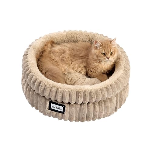 BALANCE Cat Bed Kitten Bed, Washable Round Cat Beds for Indoor Cats,Super Soft Plush Faux Fur Pet Bed for Puppy and Kitten with Anti-Slip Bottom - 20.0"L x 20.0"W x 8"Th - Brown
