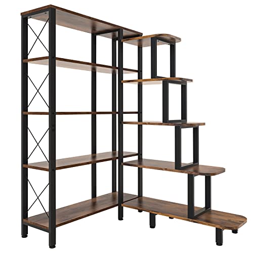 PONROL Large Corner Bookshelf Bookcase, Industrial Reversible 5 Tier Ladder Shelves Storage Display Rack with Metal Frame, Modern Home Office Furniture for Living Room Bedroom