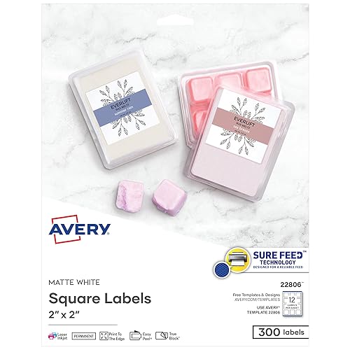 Avery Printable Blank Square Labels, 2" x 2", Matte White, 300 Customizable Labels (22806) - Matte White - 300 Labels