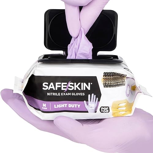 SAFESKIN Disposable Nitrile Gloves in POP-N-GO Pack of 50 or 200 Powder Free - Hair, Cleaning, Medical Use, Food Handling - 50 - Medium (Pack of 50)