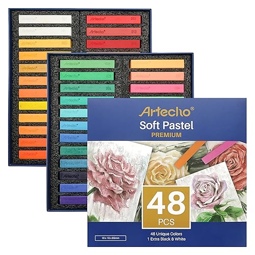 Artecho 48pcs Soft Pastels, 46 Colors Including 4 Fluorescent Colors, Extra Free Black & White, Square Chalk for Drawing, Blending, Layering, Shading, Pastels Art Supplies - 48 colors long