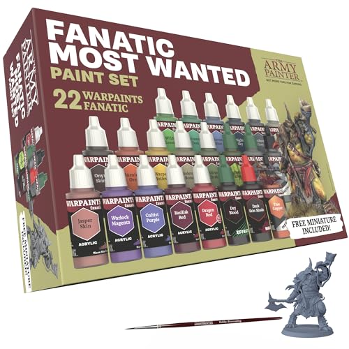 The Army Painter Warpaints Fanatic Most Wanted Combo Set, 22 paints - 16 Acrylic Colours, 2 Metallics, 2 Effects, 1 Wash, 1 Brush-On Primer, 1 Free Miniature Figure & Brush