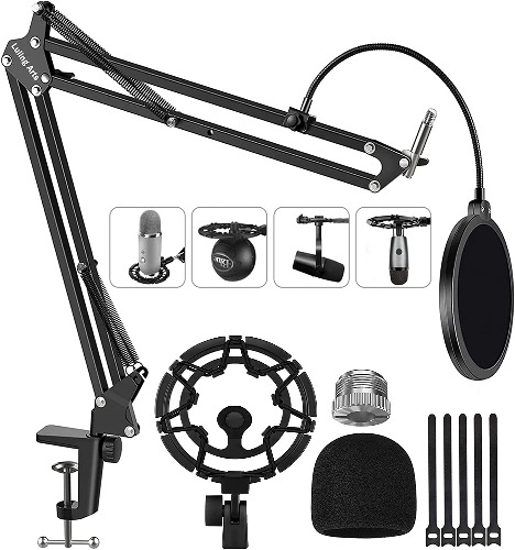 Microphone Stand for Blue Snowball, Boom Arm Scissor Mic Stand with Shock Mount, Windscreen and Double layered Pop Filter, Heavy Duty Mic Boom Arm Stand, Broadcasting (BLUE YETI BOOM ARM) - BLUE YETI BOOM ARM