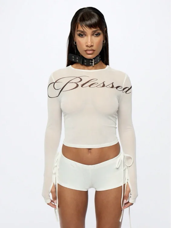 SUMWON WOMEN Script Long Sleeve Mesh Crop Top Y2K Fashion Statement Shirt With Tie Details Festival Club Party Winter Fall Casual