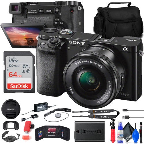 Sony Alpha a6000 Mirrorless Camera with 16-50mm Lens (ILCE6000L/B) + 64GB Card + Card Reader + Case + Flex Tripod + Hand Strap + Memory Wallet + Cap Keeper + Cleaning Kit - 