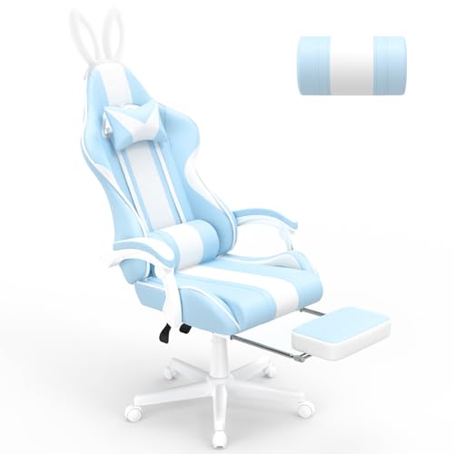 Ferghana Kawaii Light Blue Gaming Chair with Bunny Ears, Ergonomic Cute Gamer Chair with Footrest and Massage, Racing Reclining Home Computer Game Chair for Girls Adults Teens Kids - Baby Blue