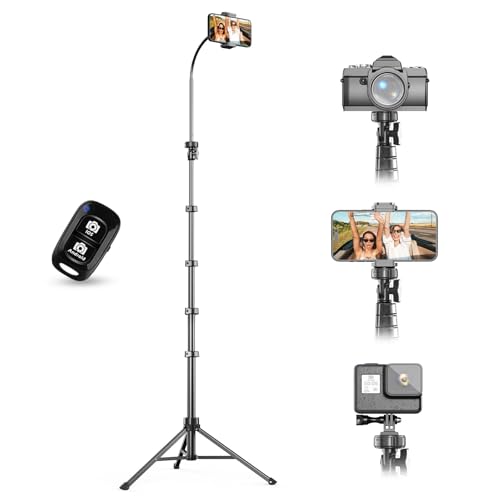 UBeesize 88’’ Flexible Phone Tripod with 14.95’’ Gooseneck, Remote and Phone Holder, Overhead Cell Phone Stand＆Selfie Stick for Video Recording, Compatible with iPhone Android Phone, Camera Black - Black - 88in