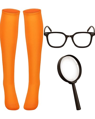Jecery 3 Pcs Halloween Deluxe Adult Costume Athletic Compression Socks Plastic Magnifying Glass Nerd Costume Glasses for Adults, Multicolored