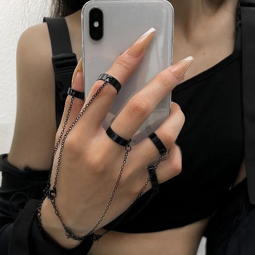 Black Chain Rings Set - Accessories