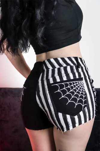 Spiderweb Black & White Striped Studded Shorts | L