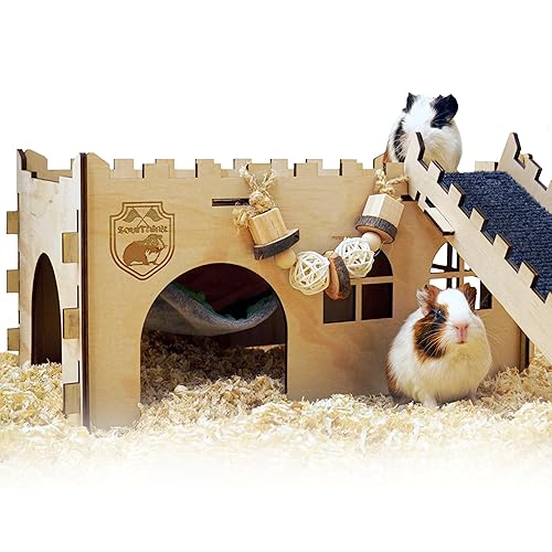 SoulThink® Large Guinea Pig Hideout & House - Easy to Assemble Wooden Guinea Pig Castle with Hammock, Ramp and Guinea Pig Toys Accessories Guinea Pig Habitat Suitable for Hamsters and Chinchilla - Magnificent Guinea Pig Castle
