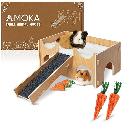 Amoka Guinea Pig Hideout, Wooden Tunnel with Stairs and Toys for Chinchillas, Hamsters and Small Pets