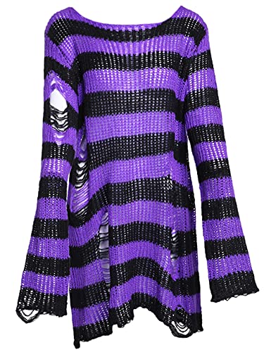 Peaceglad Womens Oversized Goth Punk Ripped Striped Long Sleeve Pullover Sweater Dress Tops - One Size - Purple