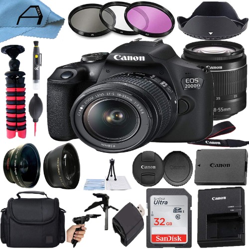 Canon EOS 2000D / Rebel T7 Digital DSLR Camera with 18-55mm Zoom Lens, SanDisk 32GB Memory Card, Bag, Tripod and A-Cell Accessory Bundle (Black) - 32GB Card