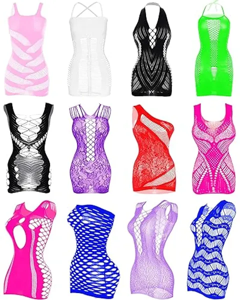 Tisancy 12 Pcs Women's Fishnet Lingerie Mesh Bodysuit Lingerie Fishnet Body Suits Women Outfit Lace Smock Nightwear - Assorted Colors - Style a
