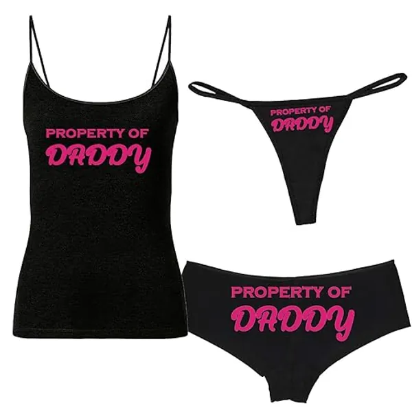 Bride Gifts - Bachelorette Wedding ,Property of Daddy's Booty Shorts Cotton Bikini &Thong Panties and cami set - Black - Large