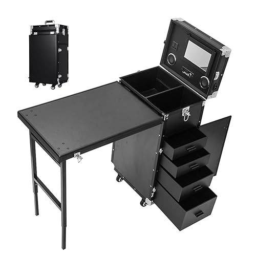 CALISTOUK Makeup Train Case,Rolling Manicure Table,Makeup Artist Supplies, Black Aluminum Nail Workstation Desk with 4 Drawers Mirror Speaker, Lockable Cosmetic Trolley for Salon Travel - Black